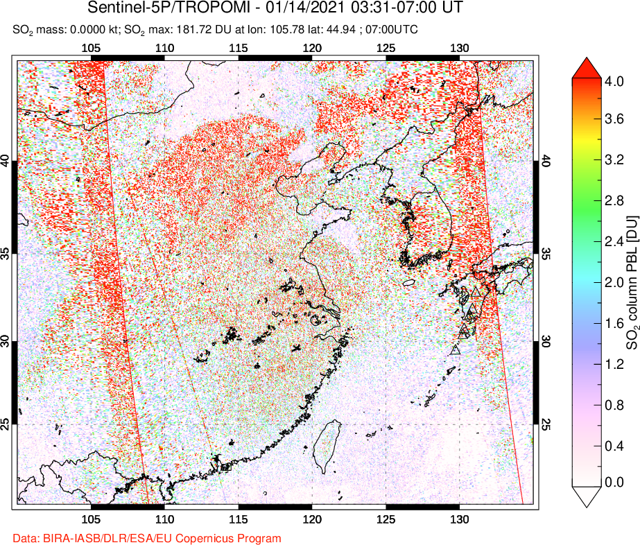 A sulfur dioxide image over Eastern China on Jan 14, 2021.