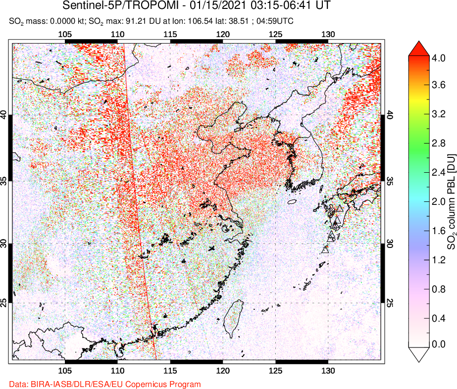 A sulfur dioxide image over Eastern China on Jan 15, 2021.