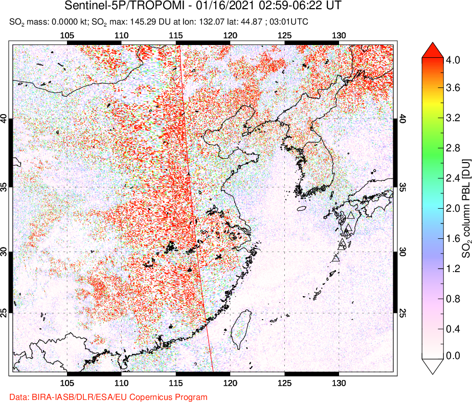 A sulfur dioxide image over Eastern China on Jan 16, 2021.