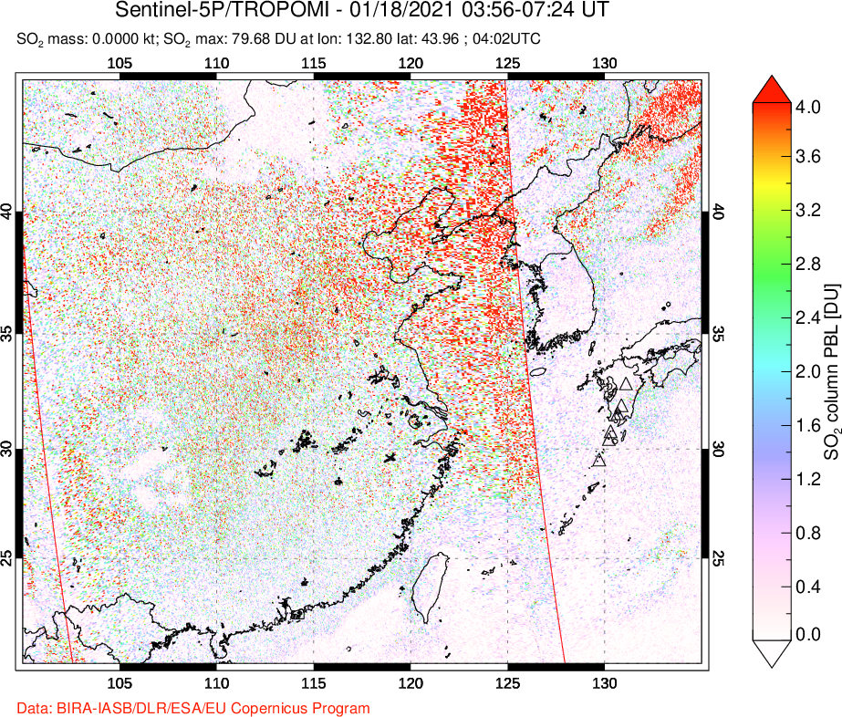 A sulfur dioxide image over Eastern China on Jan 18, 2021.