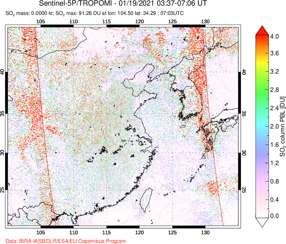A sulfur dioxide image over Eastern China on Jan 19, 2021.