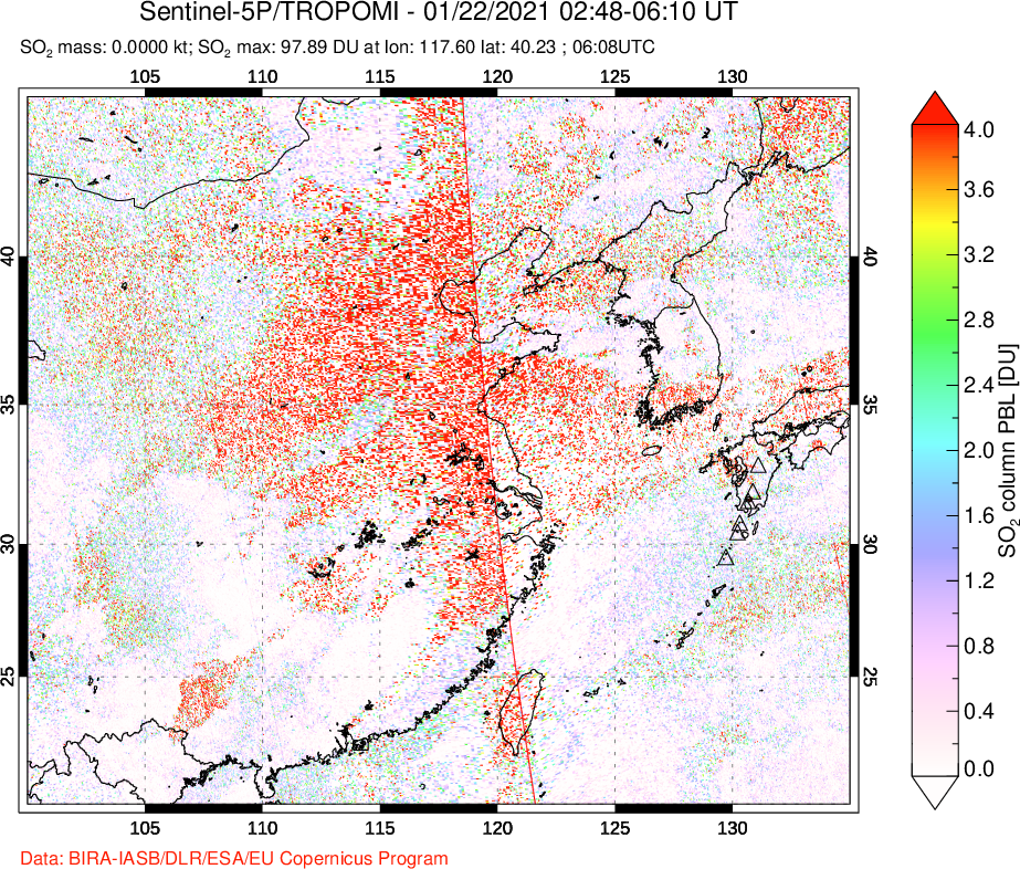 A sulfur dioxide image over Eastern China on Jan 22, 2021.