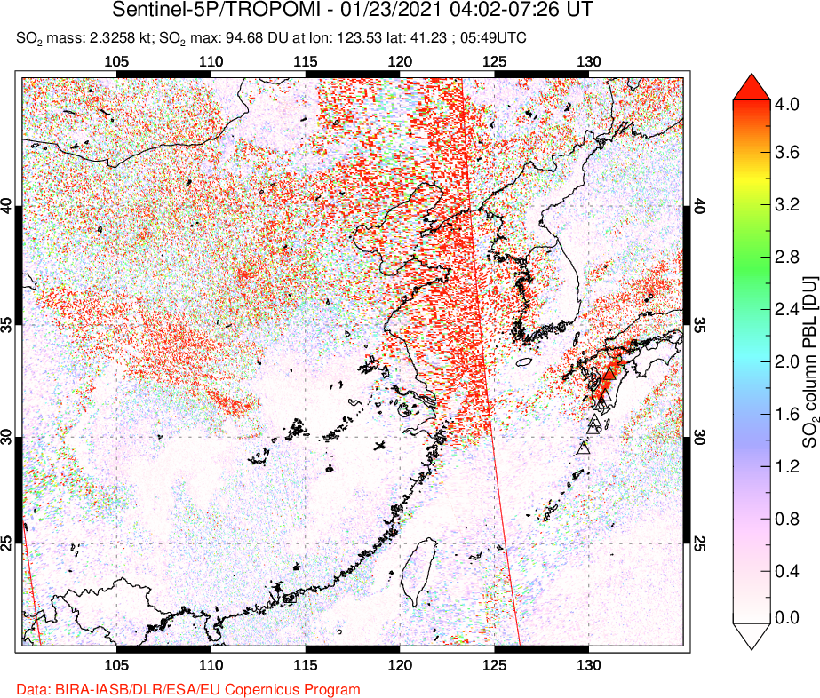 A sulfur dioxide image over Eastern China on Jan 23, 2021.