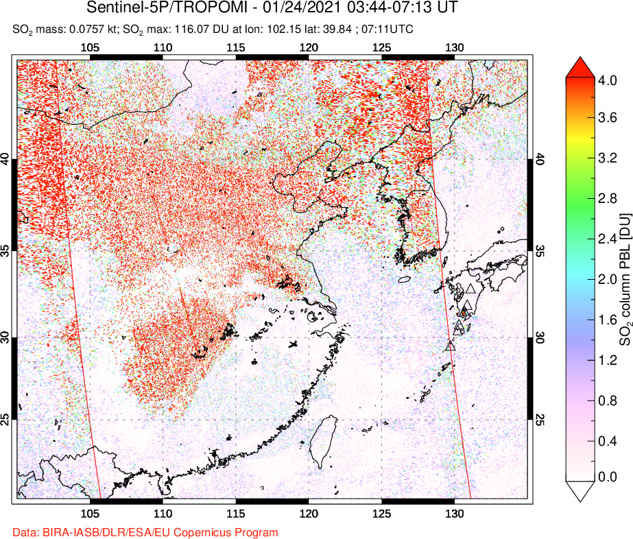 A sulfur dioxide image over Eastern China on Jan 24, 2021.