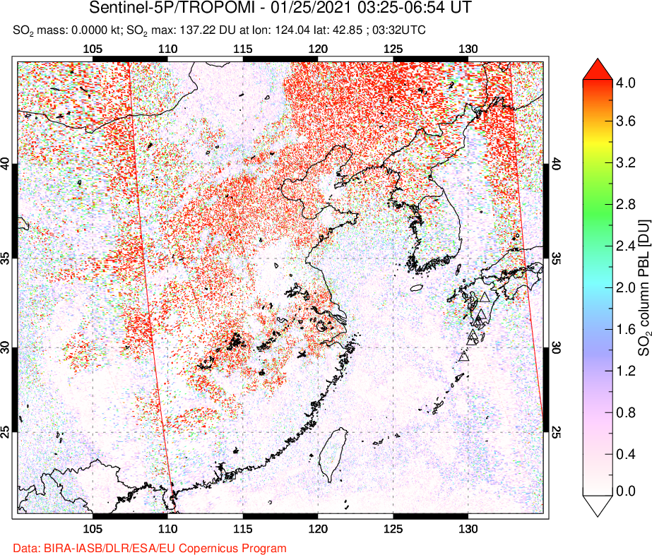 A sulfur dioxide image over Eastern China on Jan 25, 2021.