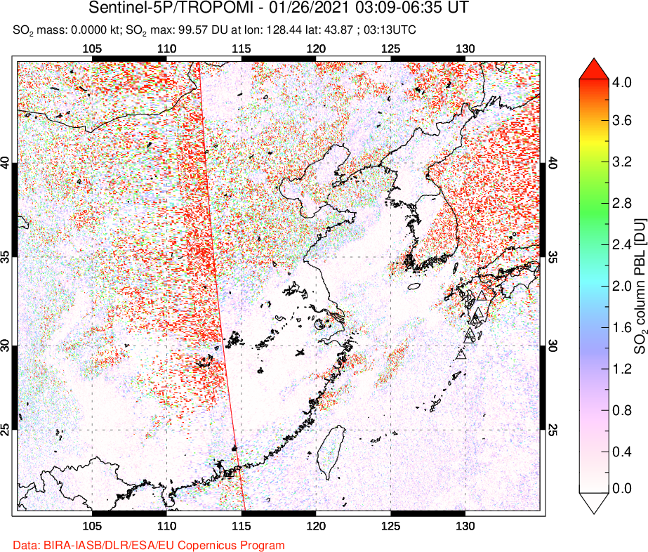 A sulfur dioxide image over Eastern China on Jan 26, 2021.