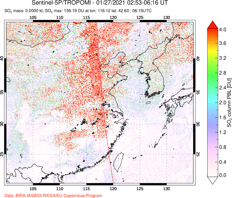 A sulfur dioxide image over Eastern China on Jan 27, 2021.