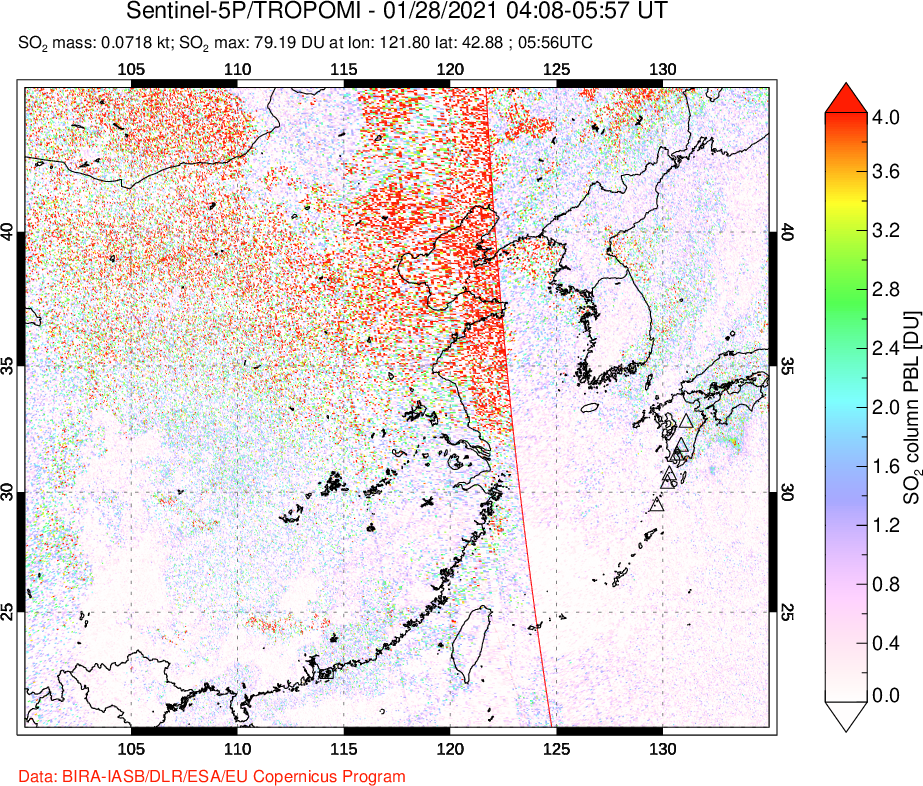 A sulfur dioxide image over Eastern China on Jan 28, 2021.