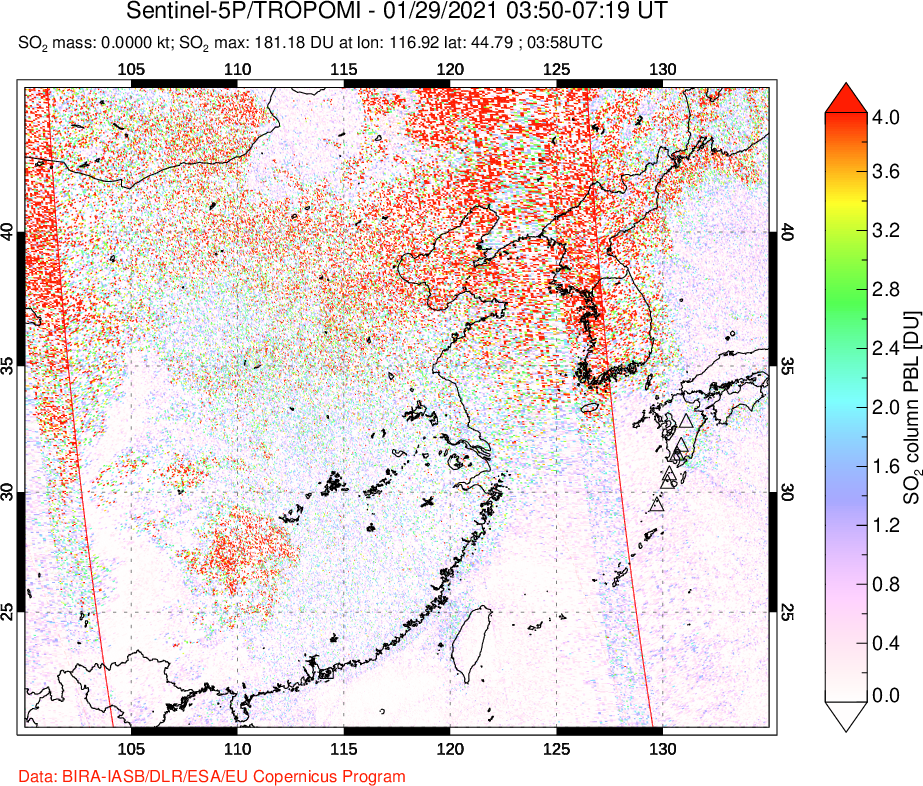 A sulfur dioxide image over Eastern China on Jan 29, 2021.