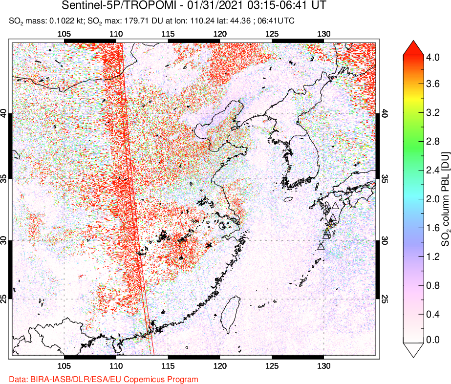 A sulfur dioxide image over Eastern China on Jan 31, 2021.