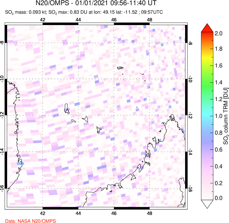 A sulfur dioxide image over Comoro Islands on Jan 01, 2021.