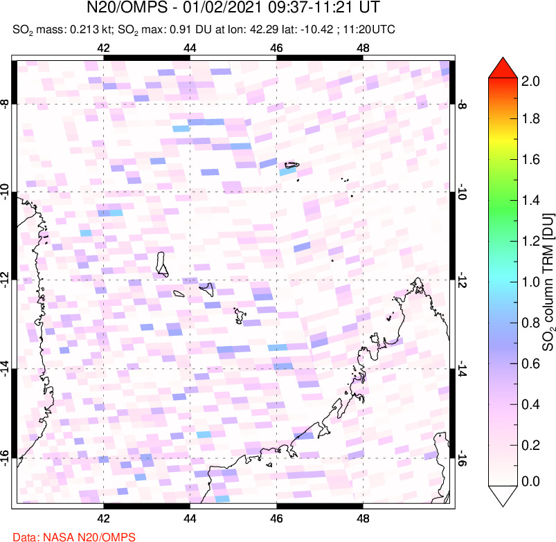 A sulfur dioxide image over Comoro Islands on Jan 02, 2021.
