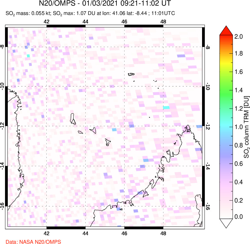 A sulfur dioxide image over Comoro Islands on Jan 03, 2021.