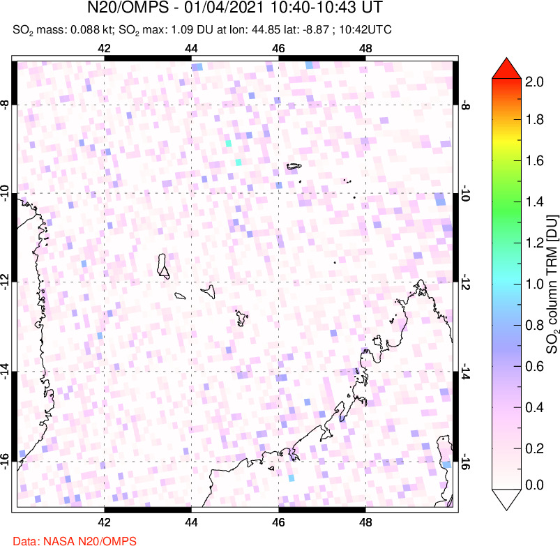 A sulfur dioxide image over Comoro Islands on Jan 04, 2021.