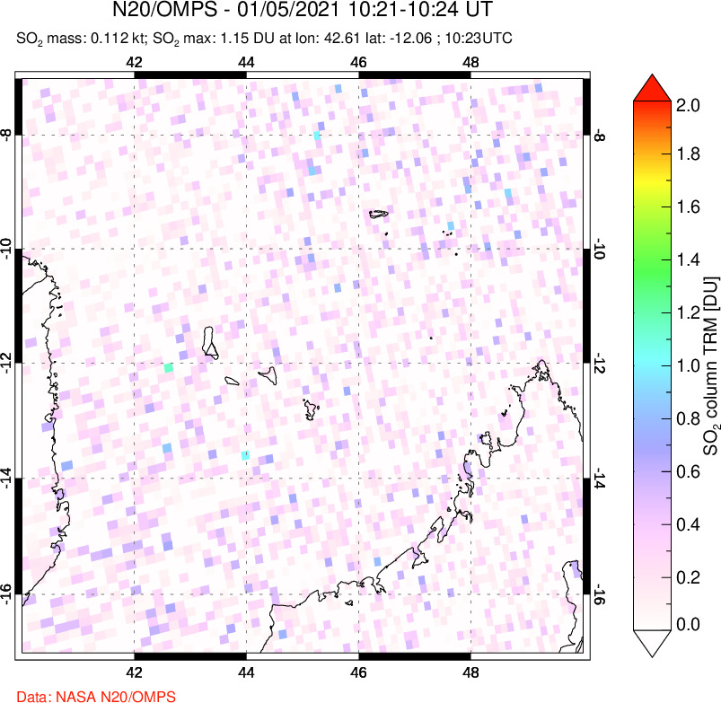 A sulfur dioxide image over Comoro Islands on Jan 05, 2021.