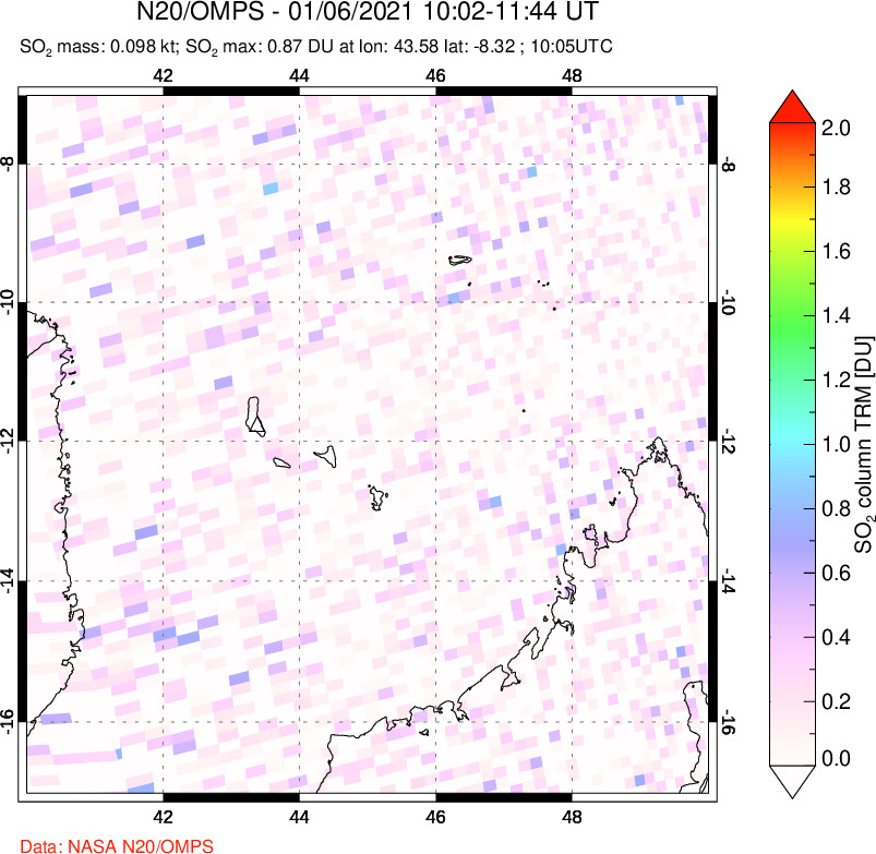 A sulfur dioxide image over Comoro Islands on Jan 06, 2021.