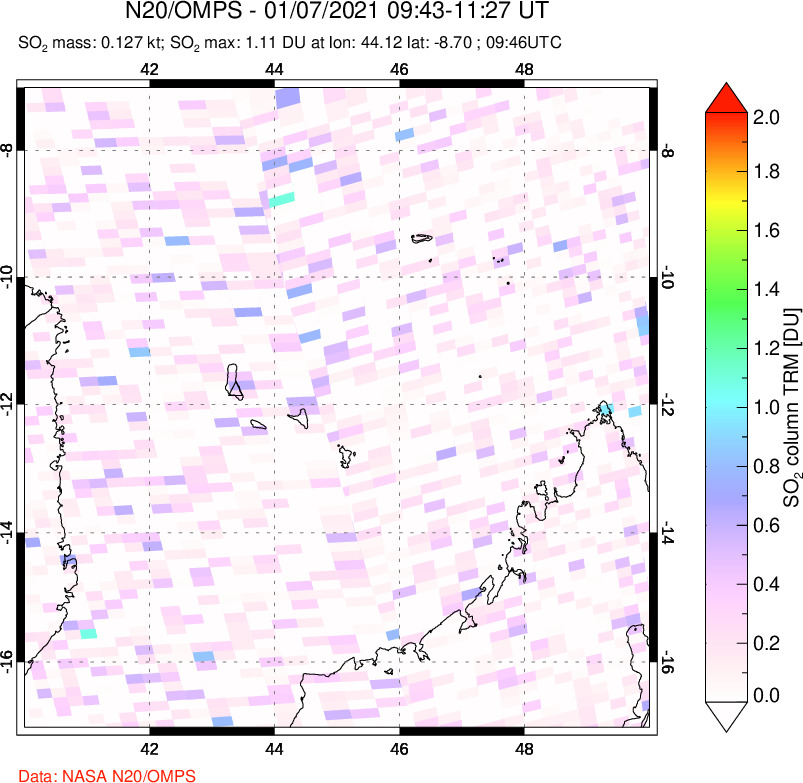 A sulfur dioxide image over Comoro Islands on Jan 07, 2021.