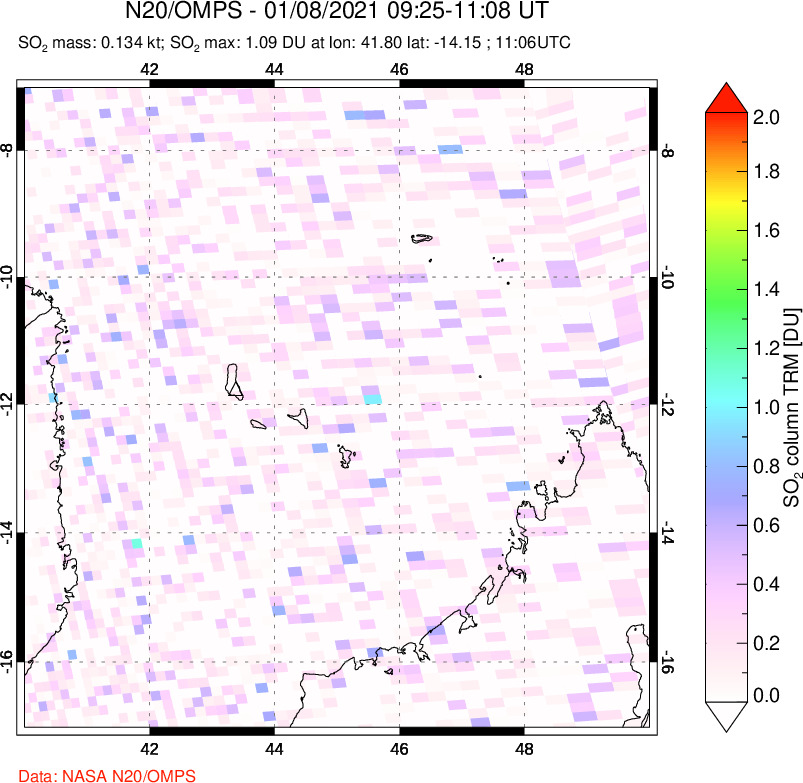 A sulfur dioxide image over Comoro Islands on Jan 08, 2021.