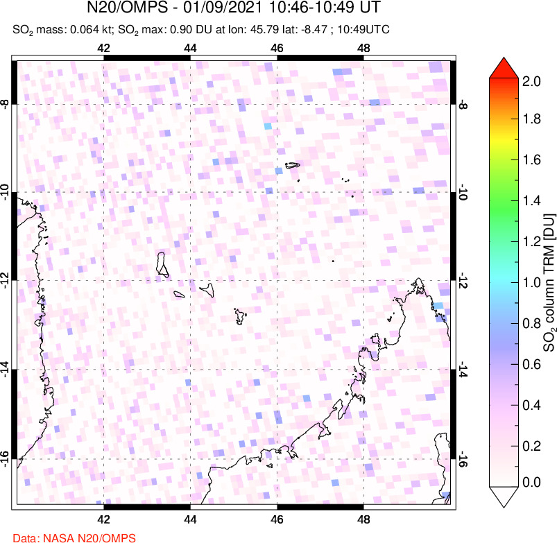 A sulfur dioxide image over Comoro Islands on Jan 09, 2021.