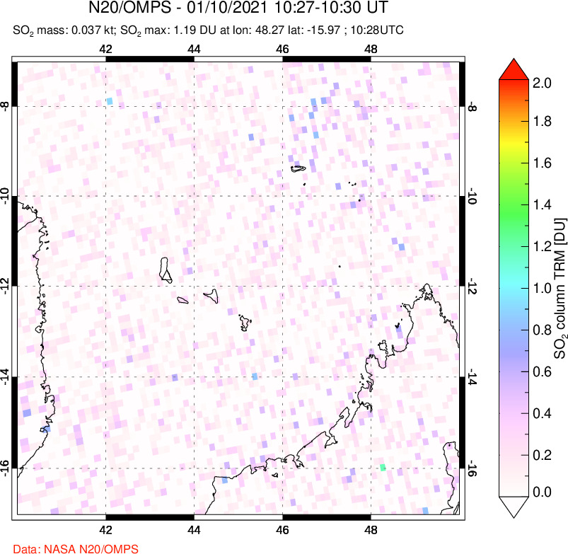 A sulfur dioxide image over Comoro Islands on Jan 10, 2021.