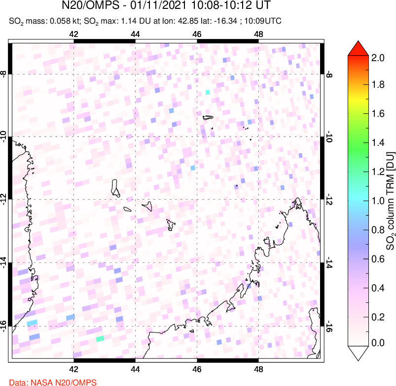 A sulfur dioxide image over Comoro Islands on Jan 11, 2021.
