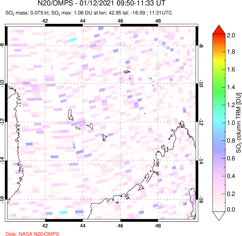 A sulfur dioxide image over Comoro Islands on Jan 12, 2021.