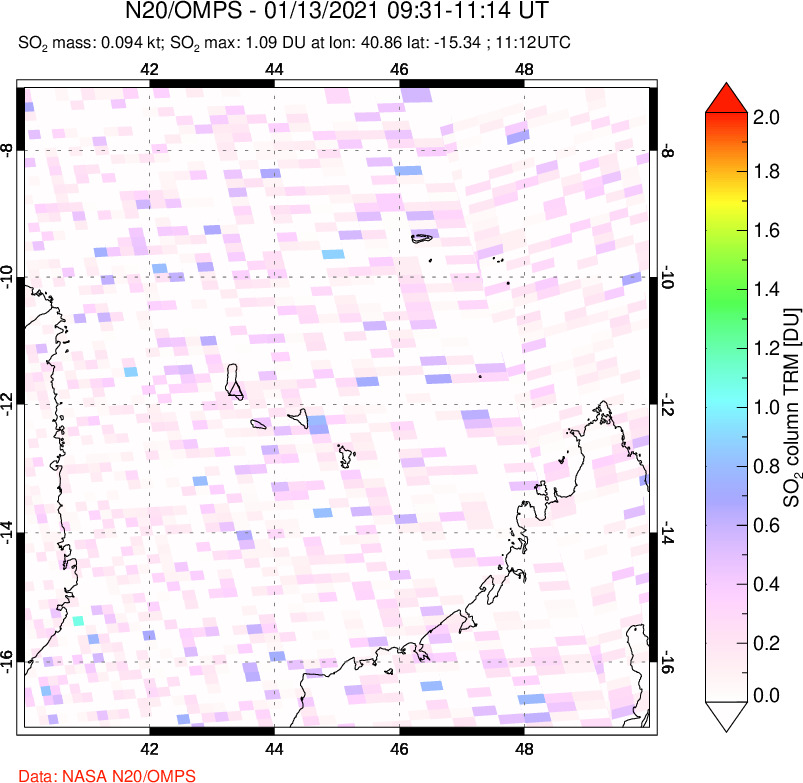 A sulfur dioxide image over Comoro Islands on Jan 13, 2021.