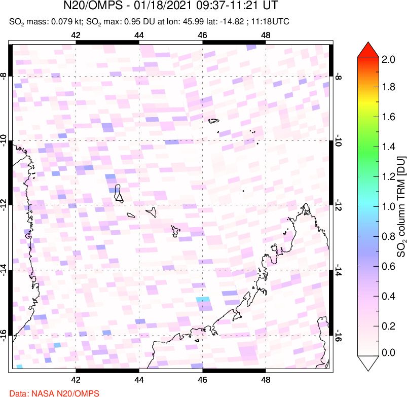 A sulfur dioxide image over Comoro Islands on Jan 18, 2021.