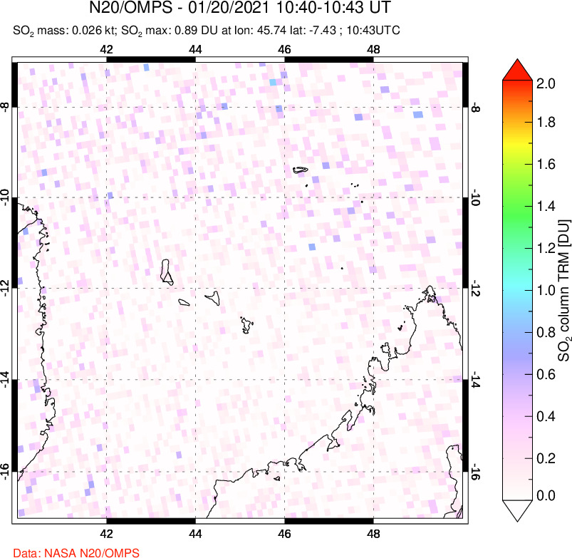 A sulfur dioxide image over Comoro Islands on Jan 20, 2021.