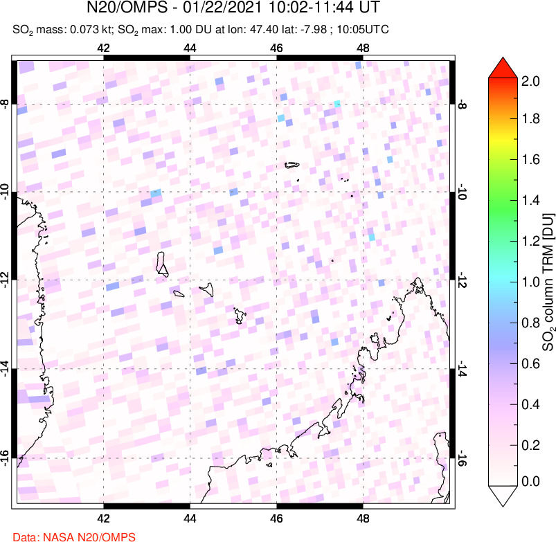A sulfur dioxide image over Comoro Islands on Jan 22, 2021.