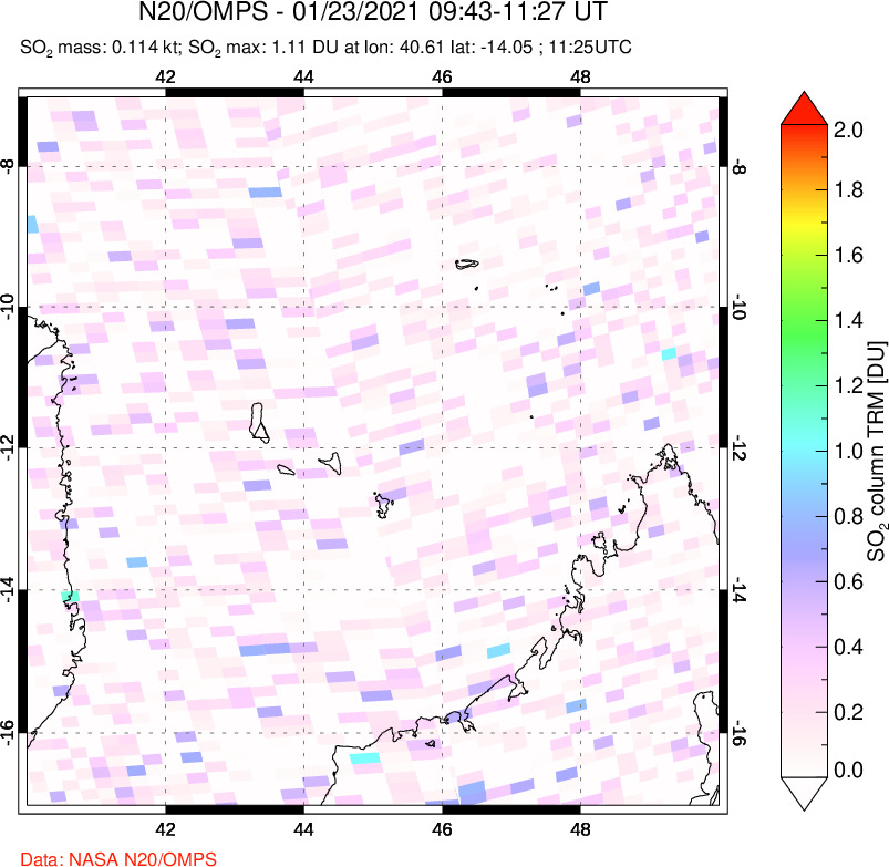 A sulfur dioxide image over Comoro Islands on Jan 23, 2021.