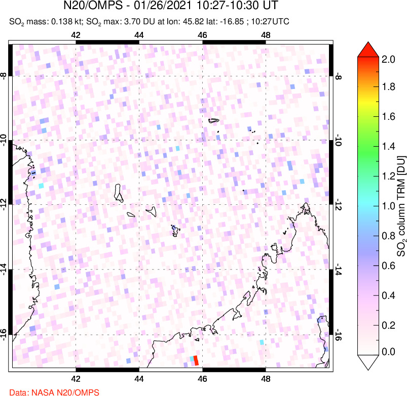 A sulfur dioxide image over Comoro Islands on Jan 26, 2021.