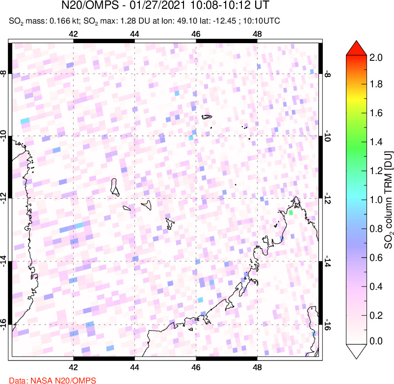 A sulfur dioxide image over Comoro Islands on Jan 27, 2021.