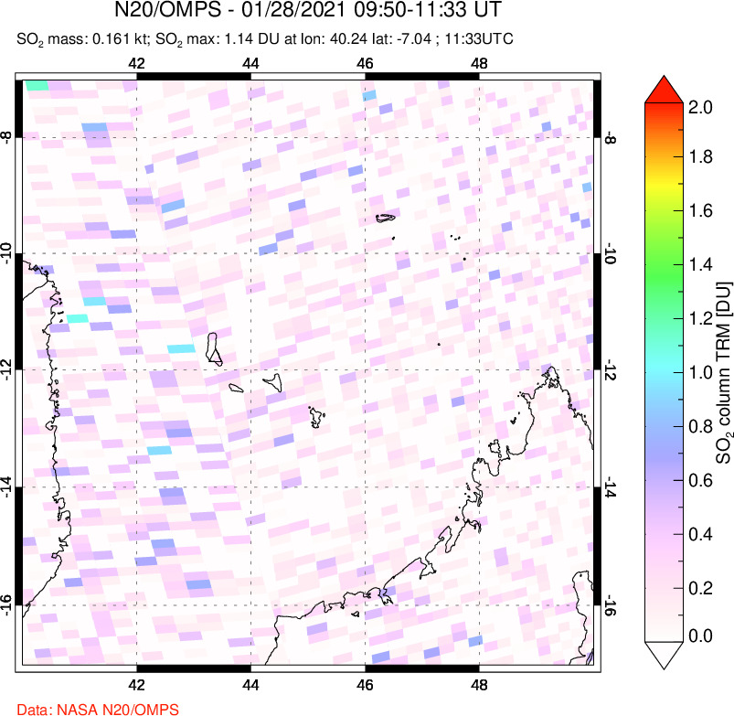 A sulfur dioxide image over Comoro Islands on Jan 28, 2021.
