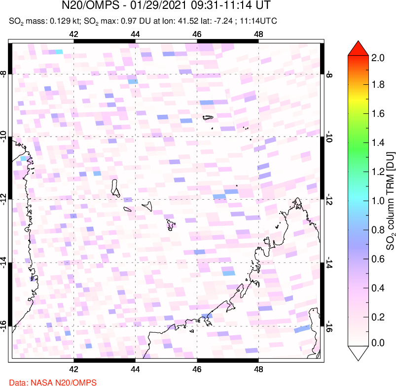 A sulfur dioxide image over Comoro Islands on Jan 29, 2021.