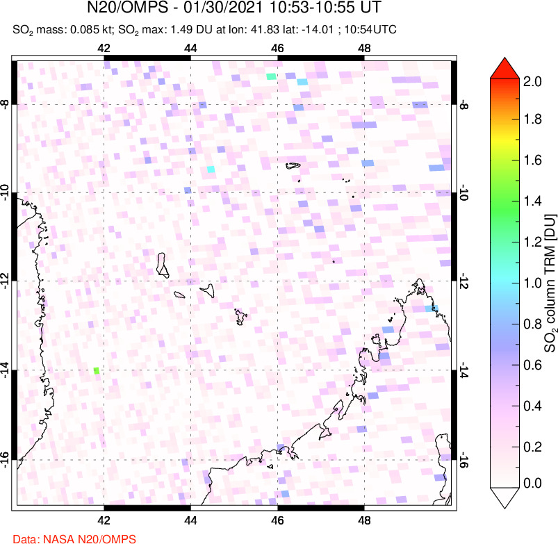 A sulfur dioxide image over Comoro Islands on Jan 30, 2021.