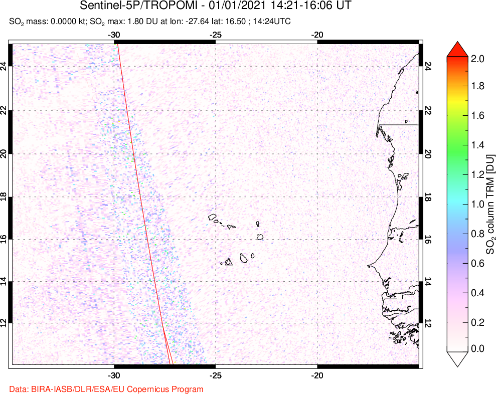A sulfur dioxide image over Cape Verde Islands on Jan 01, 2021.
