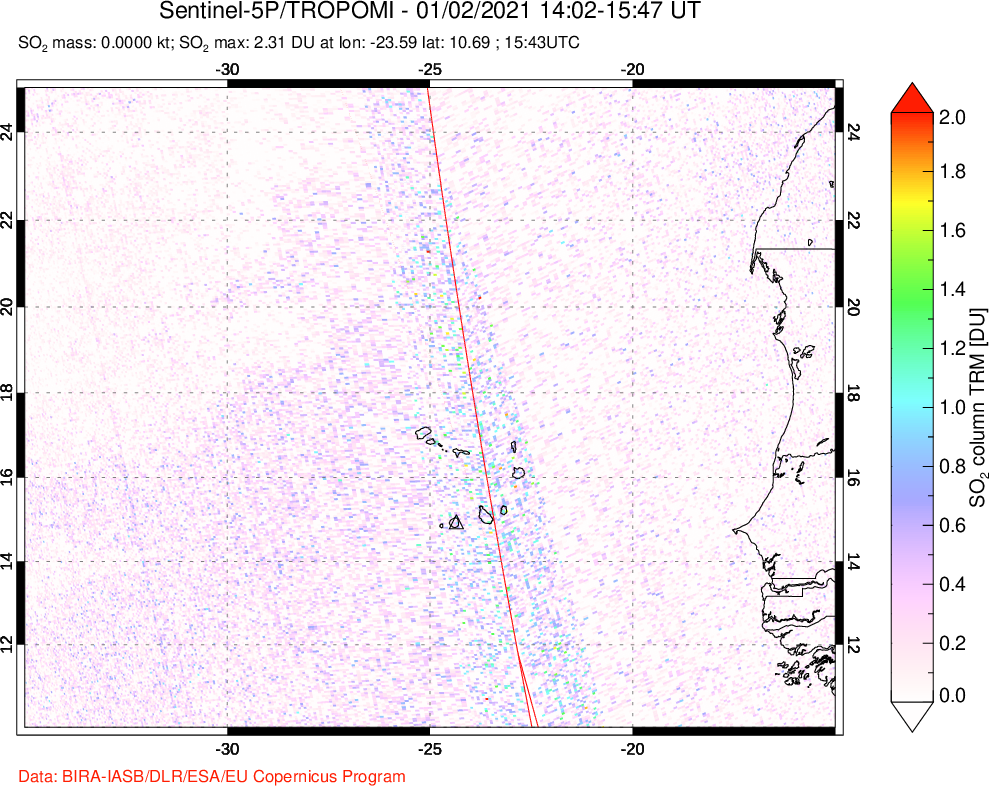 A sulfur dioxide image over Cape Verde Islands on Jan 02, 2021.