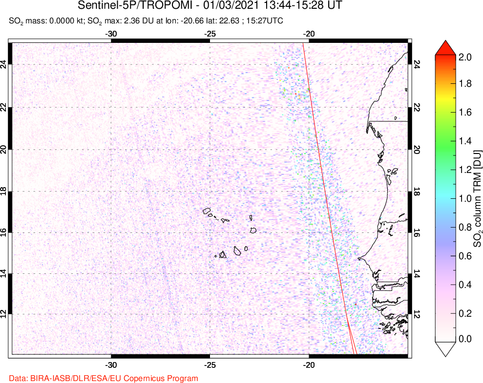 A sulfur dioxide image over Cape Verde Islands on Jan 03, 2021.