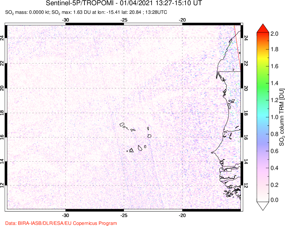 A sulfur dioxide image over Cape Verde Islands on Jan 04, 2021.