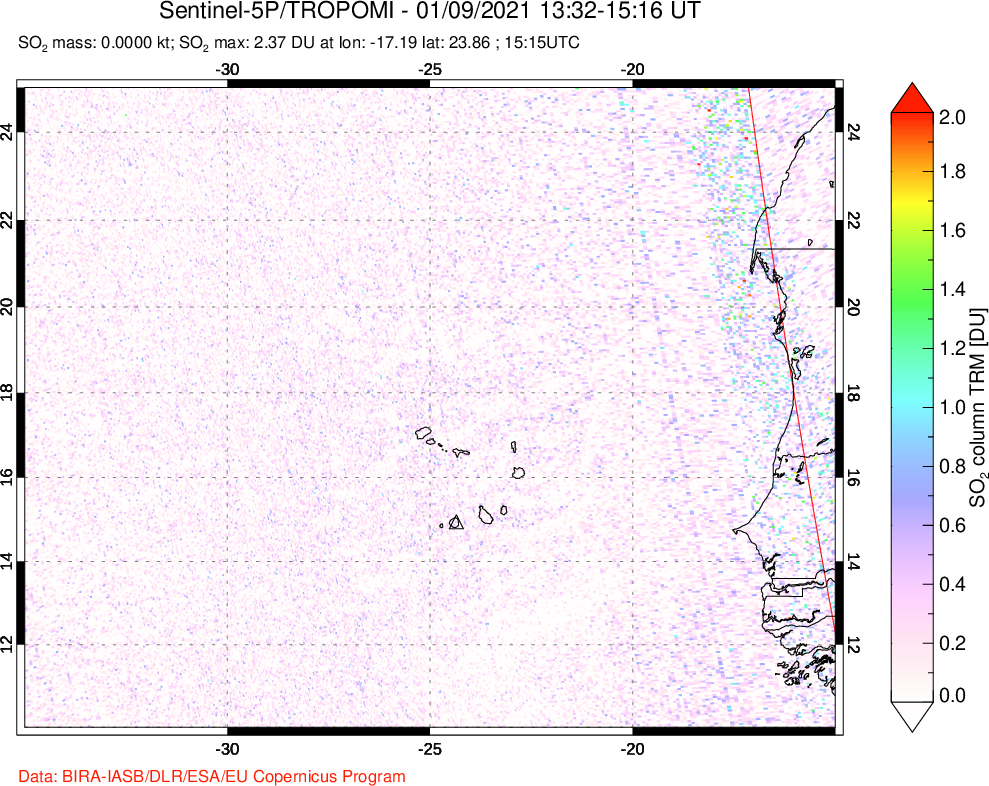 A sulfur dioxide image over Cape Verde Islands on Jan 09, 2021.