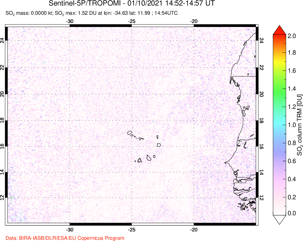 A sulfur dioxide image over Cape Verde Islands on Jan 10, 2021.