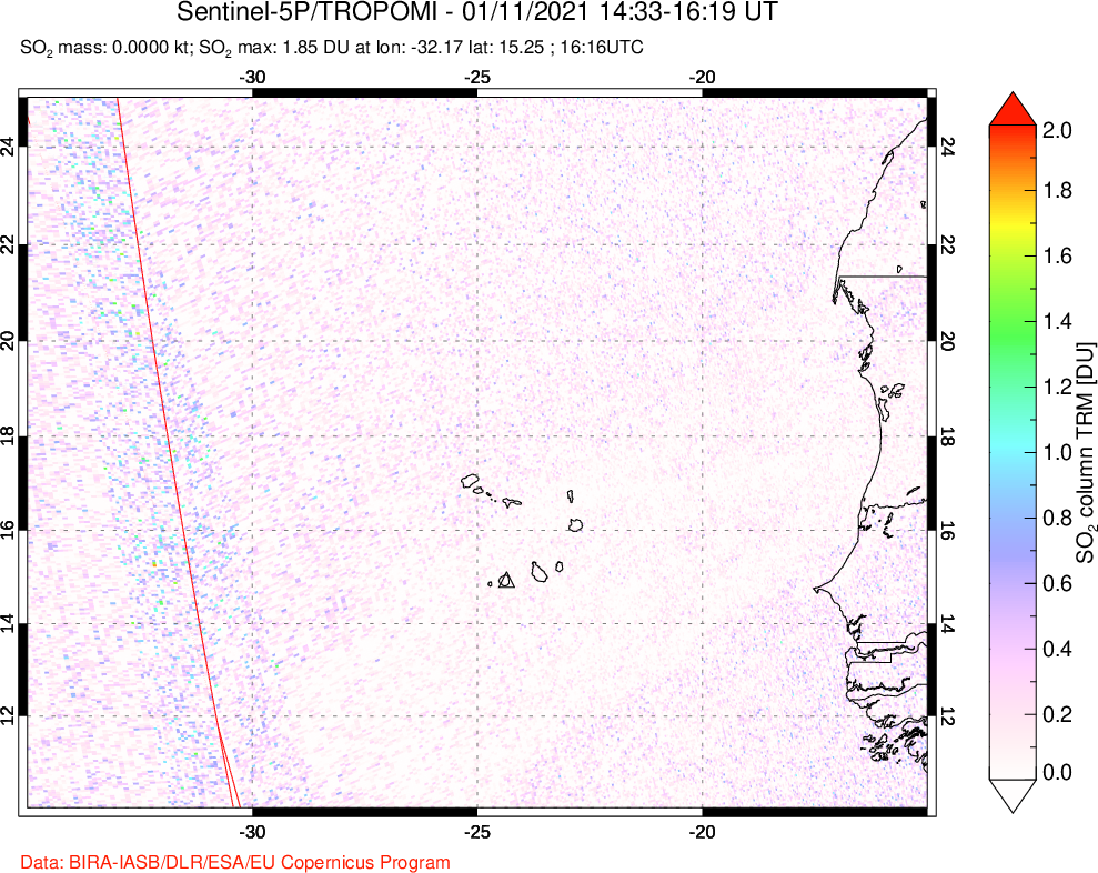 A sulfur dioxide image over Cape Verde Islands on Jan 11, 2021.