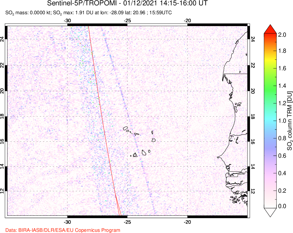 A sulfur dioxide image over Cape Verde Islands on Jan 12, 2021.