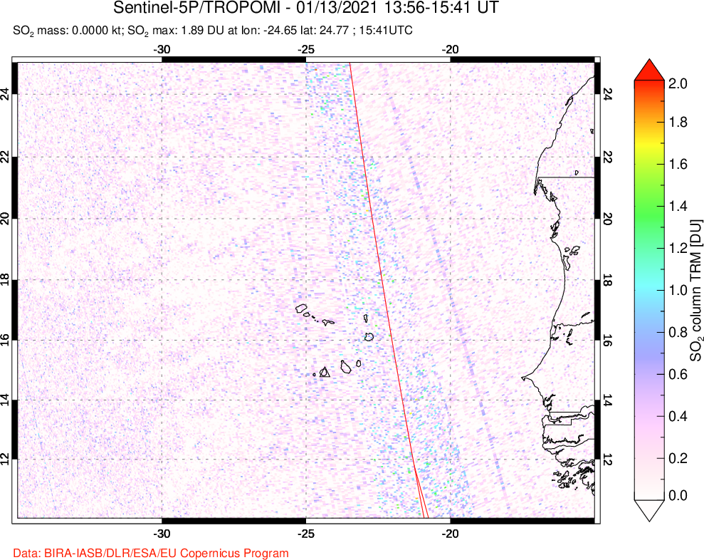 A sulfur dioxide image over Cape Verde Islands on Jan 13, 2021.