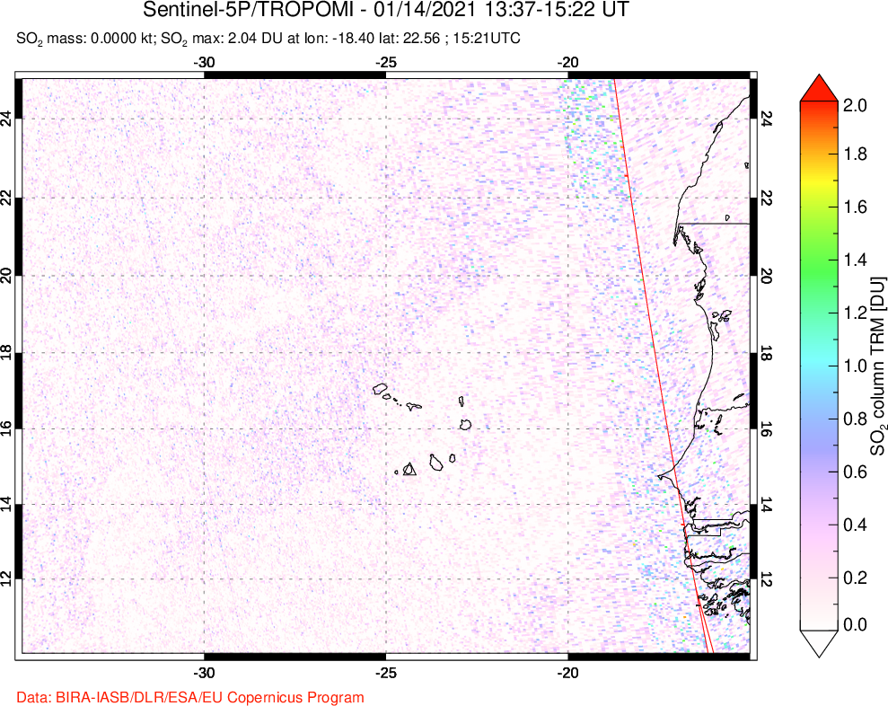 A sulfur dioxide image over Cape Verde Islands on Jan 14, 2021.