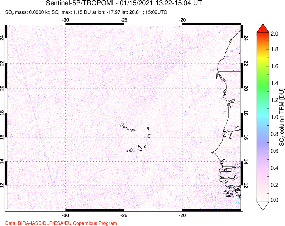 A sulfur dioxide image over Cape Verde Islands on Jan 15, 2021.