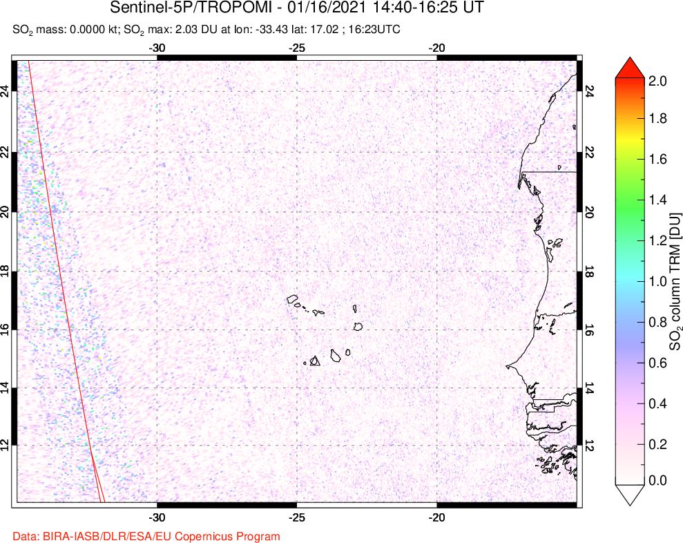 A sulfur dioxide image over Cape Verde Islands on Jan 16, 2021.