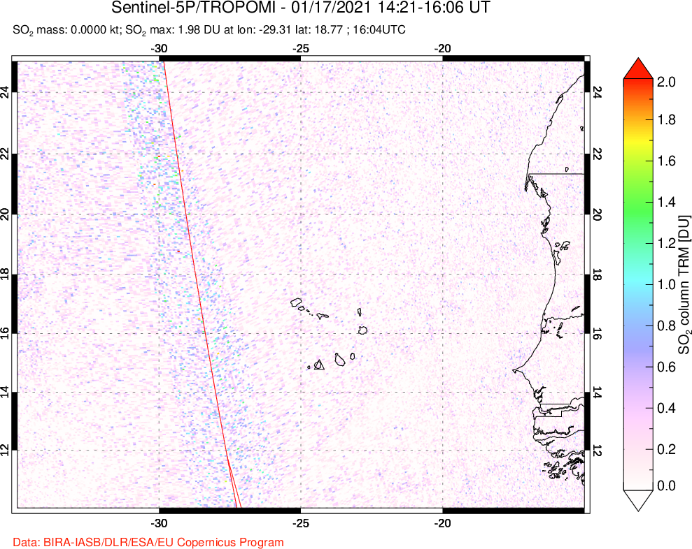 A sulfur dioxide image over Cape Verde Islands on Jan 17, 2021.