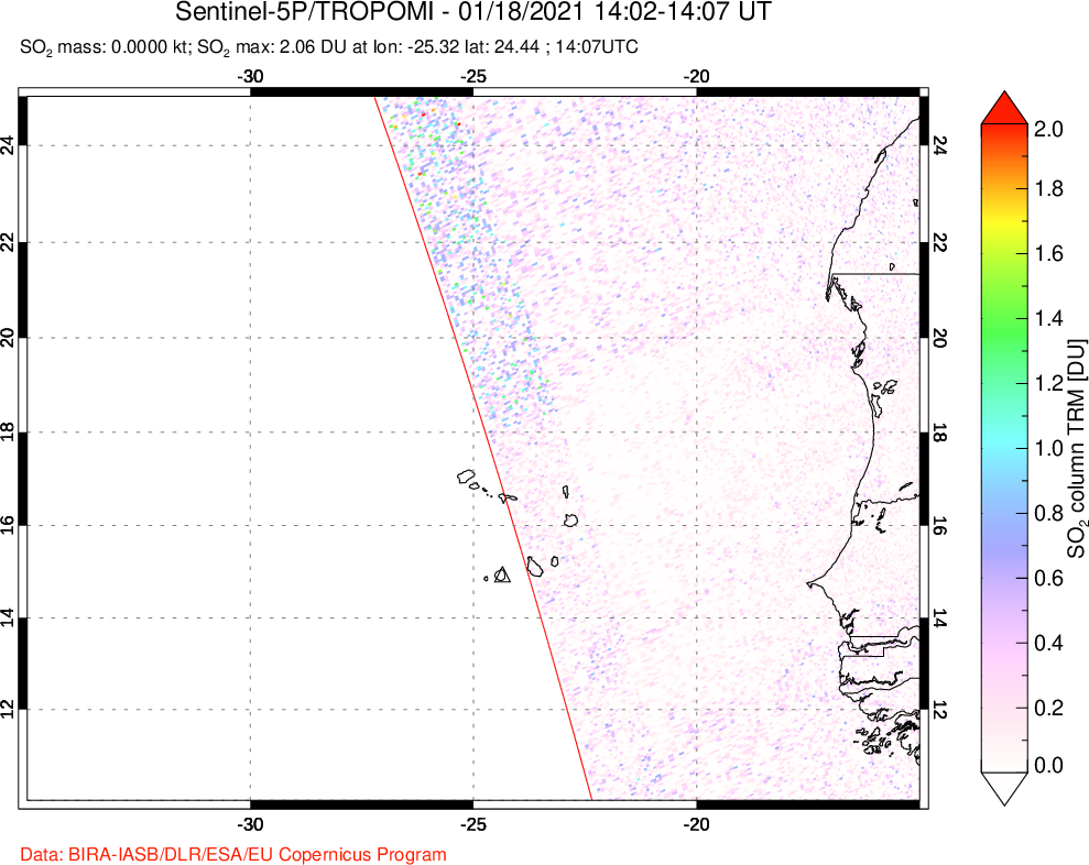 A sulfur dioxide image over Cape Verde Islands on Jan 18, 2021.
